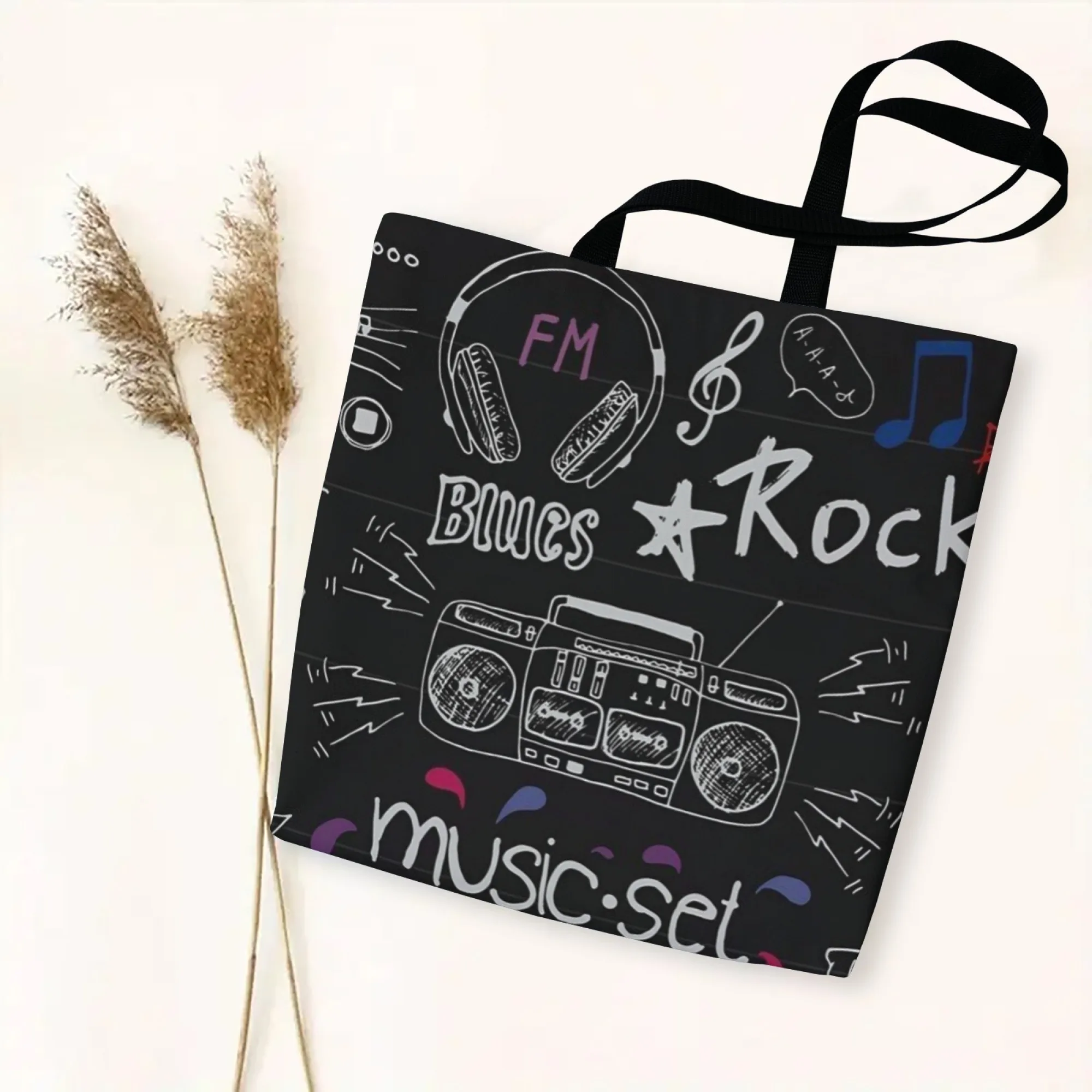 Rock Music Graffiti Canvas Women Tote Bag Black Music Print Shoulder Bag Large Capacity Casual Handbag Reusable Music Travel