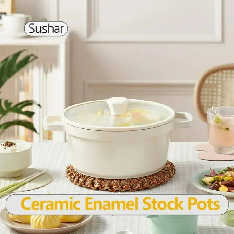 

Sushar Kitchen 20/24cm Ceramic Stock Pot Chicken Seafood Stew Pots with Glass Lid Nonstick Non-toxic Cookware Induction Cooker