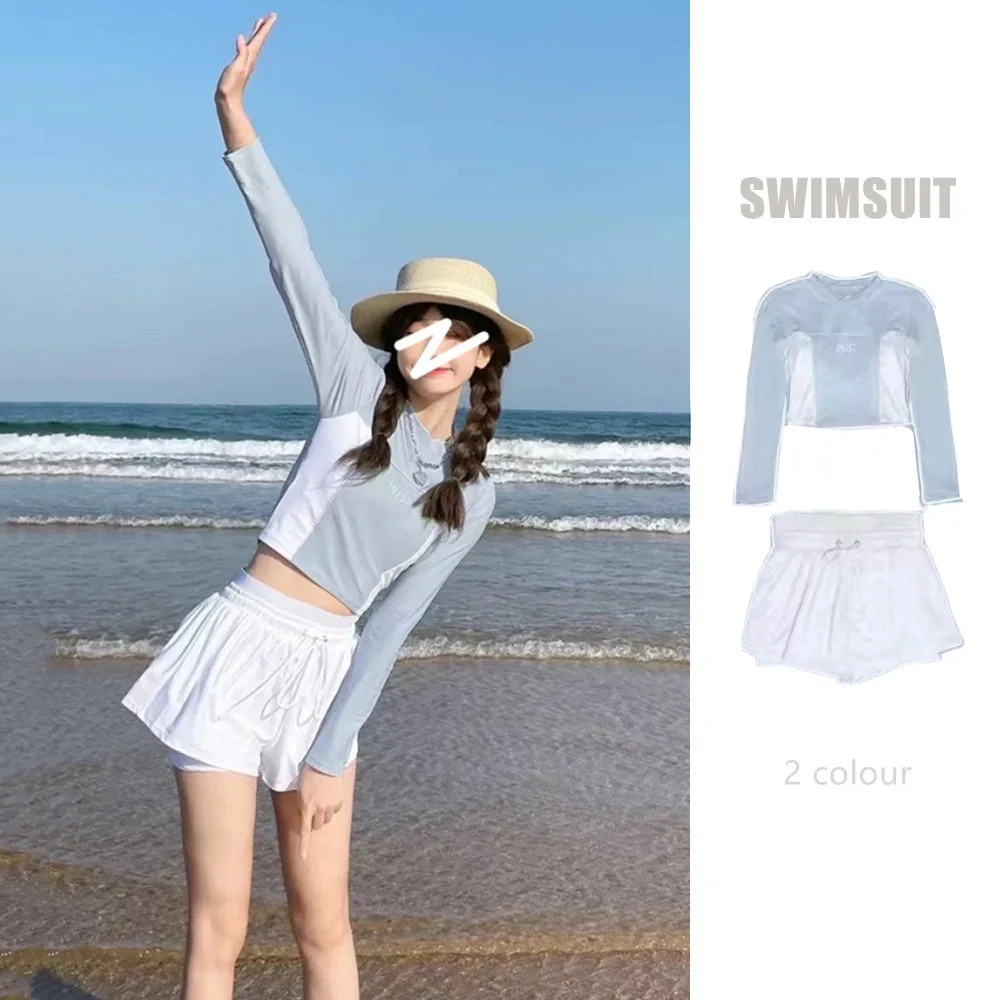 

New Sunscreen Long Sleeved Swimsuit for Women's Belly Cover Up One Piece Dress Swimwear Korean Hot Spring Vacation Bathing Suit