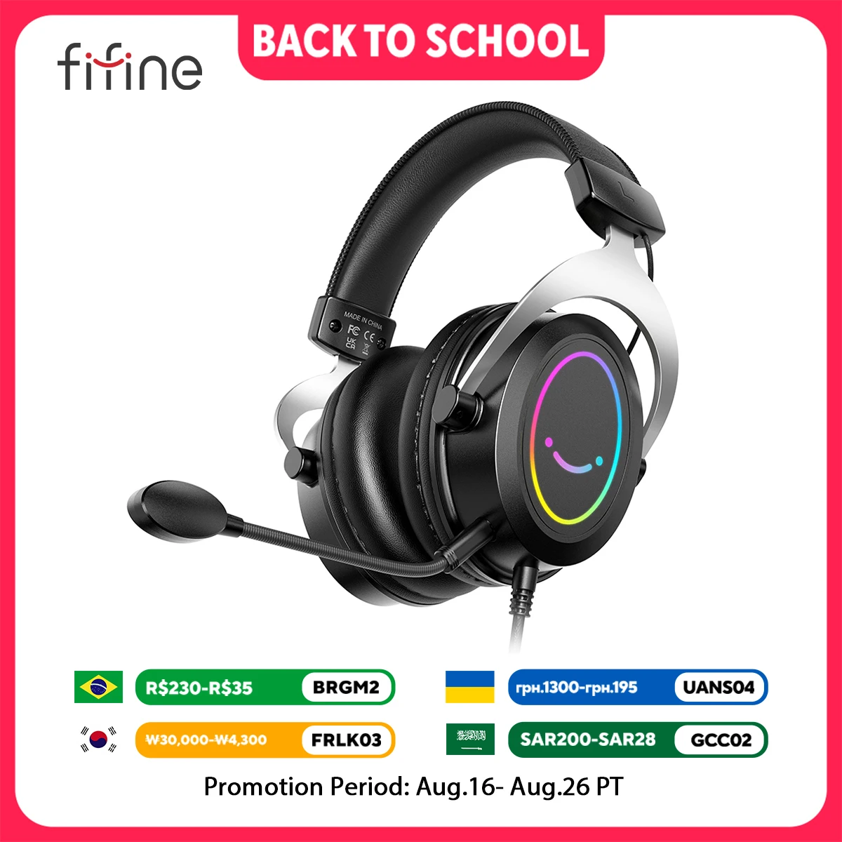 Capacete para jogos FIFINE com controle dinâmico RGB/MIC/em linha, almofadas de ouvido de espuma de memória ultramacia, para PC PS4 PS5 Xbox Laptops -H3