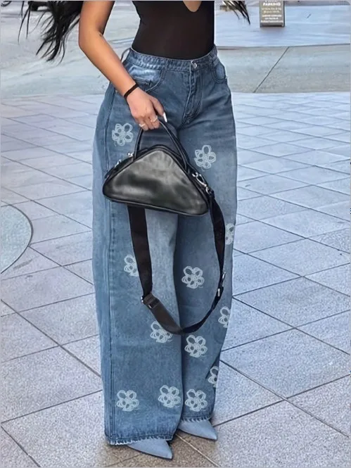 

2026 Элегантные новые модные повседневные свободные джинсы ранней осени с цветочным принтом, прямые повседневные брюки