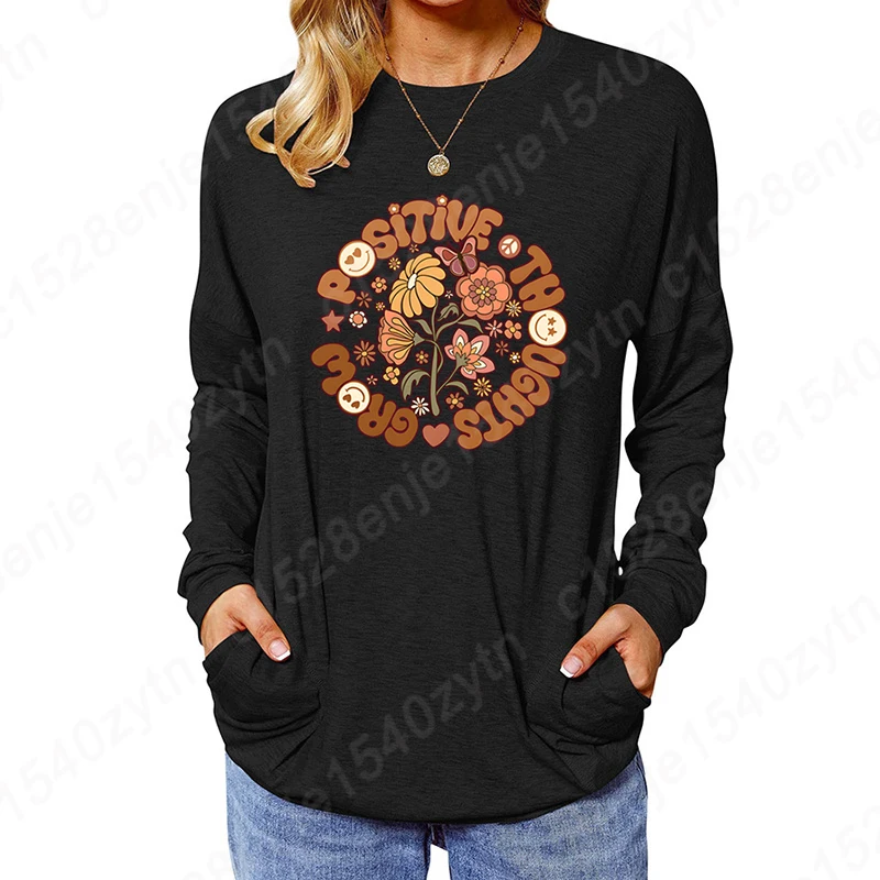 

Autumn And Winter Tops Women Blouse Loose T Shirt Teacher Flower Grow Positive Thoughts Print Round Neck Long Sleeve Sweatshirts