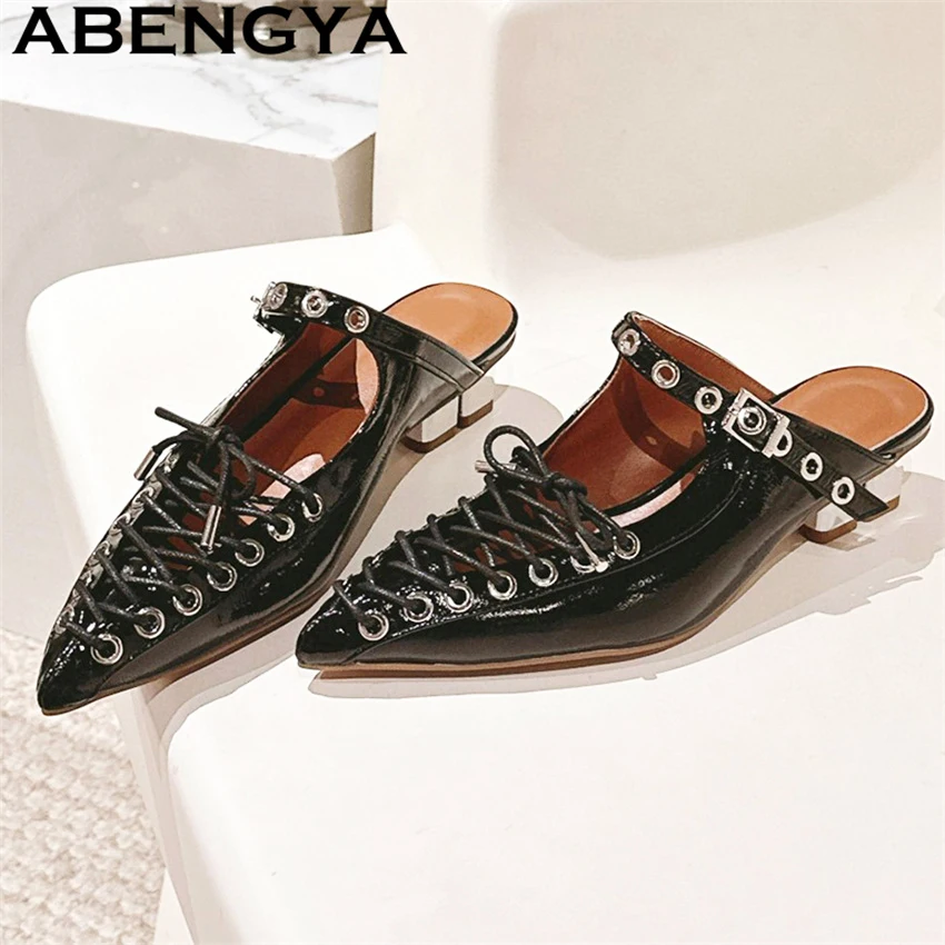 

ABENGYA Pointy Toe Lace Up Low Heels Slippers Women Real Leather Hollow Sandals Summer Fashion Week Casual Mules Slippers Mujer