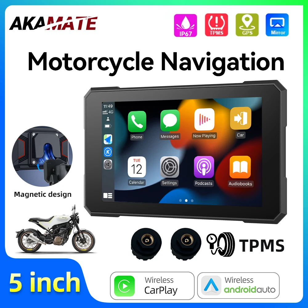

5Inch Motor Navigation Magnetic Removable Monitor Wireless CarPlay Android Auto Waterproof Bluetooth Multimedia Screen Portable