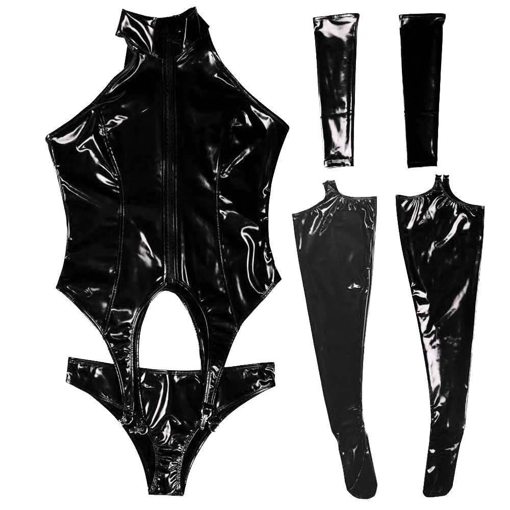 

Women Lady Sexy One Set Costume Shiny Stylish High Necked Glossy Stage Performance Leotard Seperate