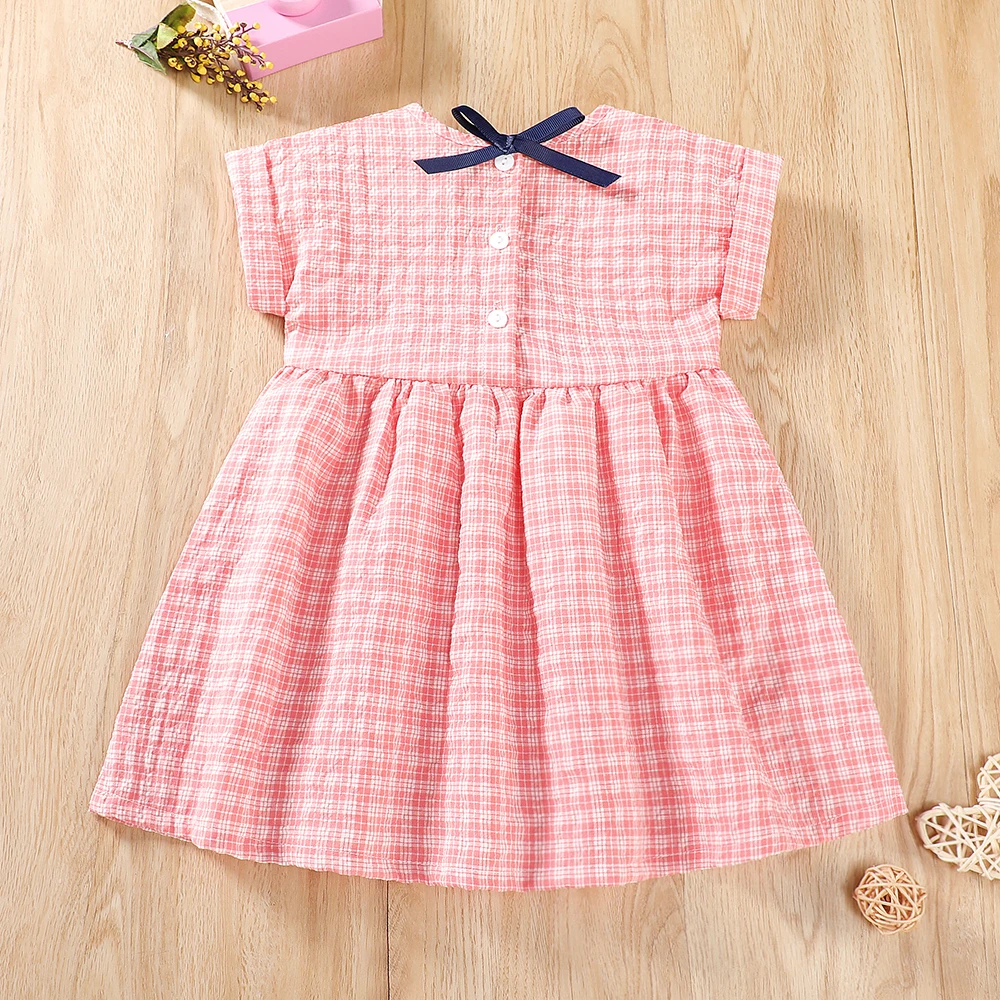 Baby Gingham Short Sleeved Dress Spring Summer Tunic Dress Pink Plaid Kids Linen Dress