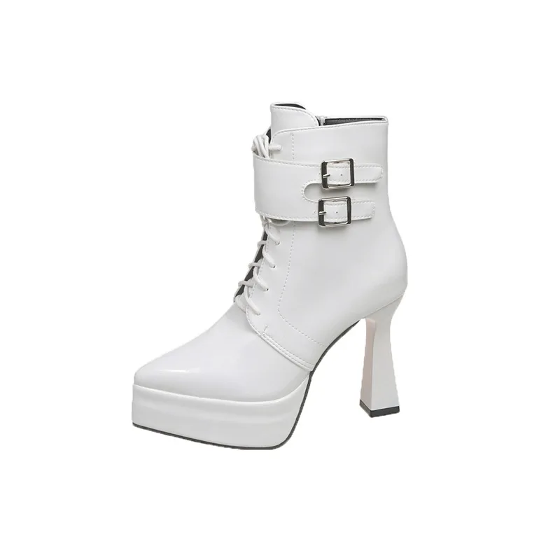 Женские модные ботинки на высоком каблуке с острым носком, осень 2022, новый стиль, короткие сапоги на толстом каблуке с боковой молнией и пряжкой на ремне