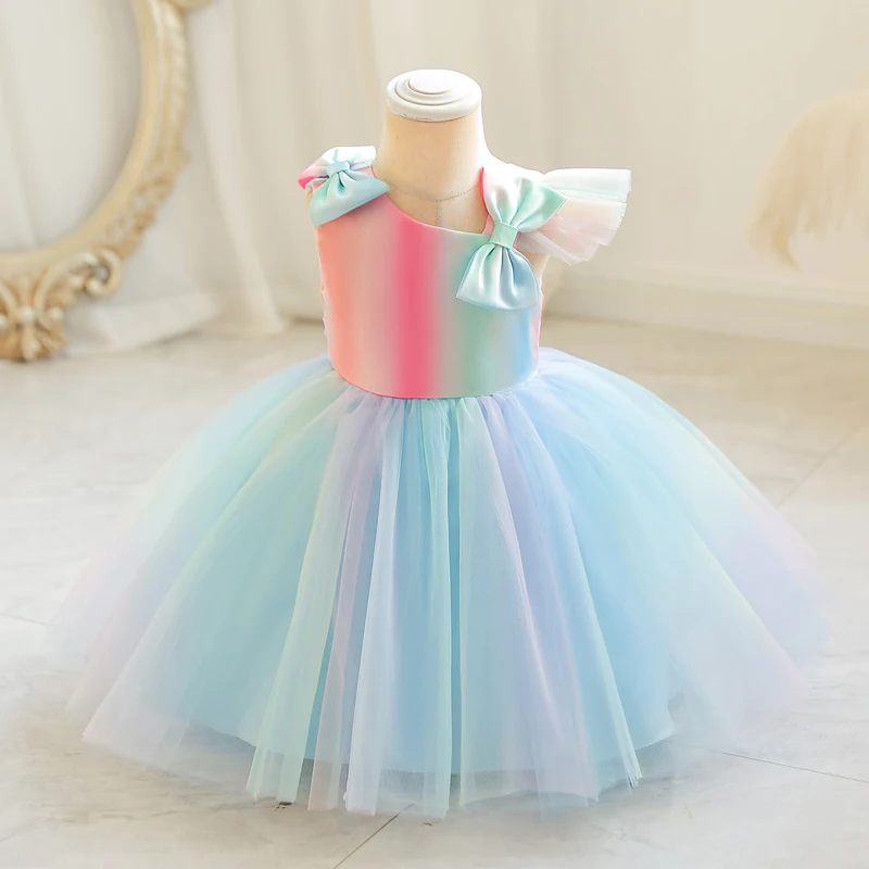 M128 Summer Princess Dress Show Girl Tank Top Dance Dia Internacional das Crianças Old Flower Wear Rainbow Color