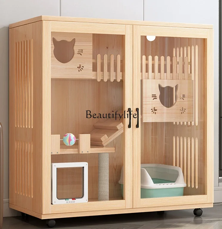 1*Home Cat Cabinet Indoor Super Large Free Space Three-Layer Luxury Solid Wood Cat Cage
