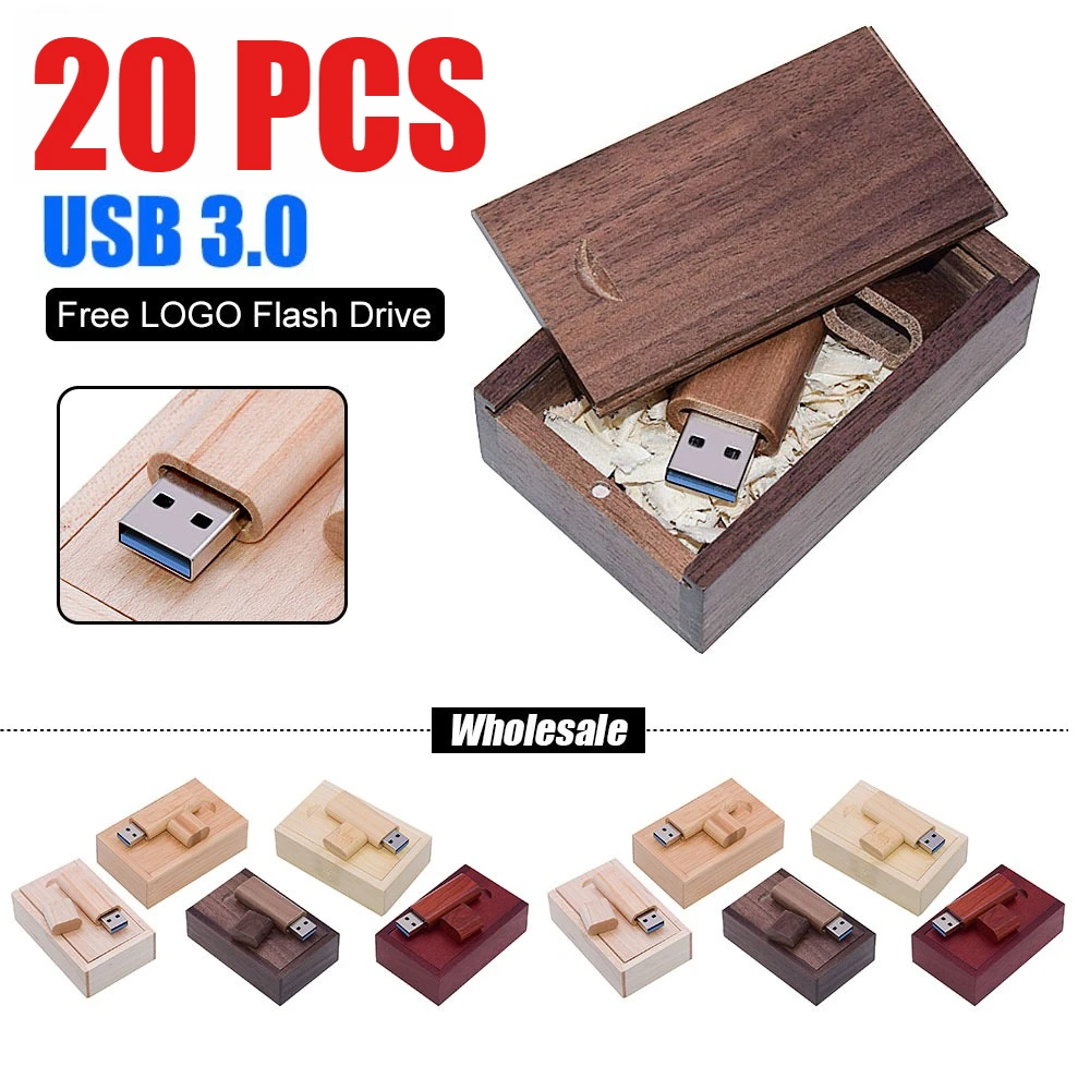

20PCS/LOT Wooden USB Flash Drive 128GB Pen Drive 64GB 32GB 4GB Memory Stick Wooden Box Free Custom Logo Creative Business Gifts
