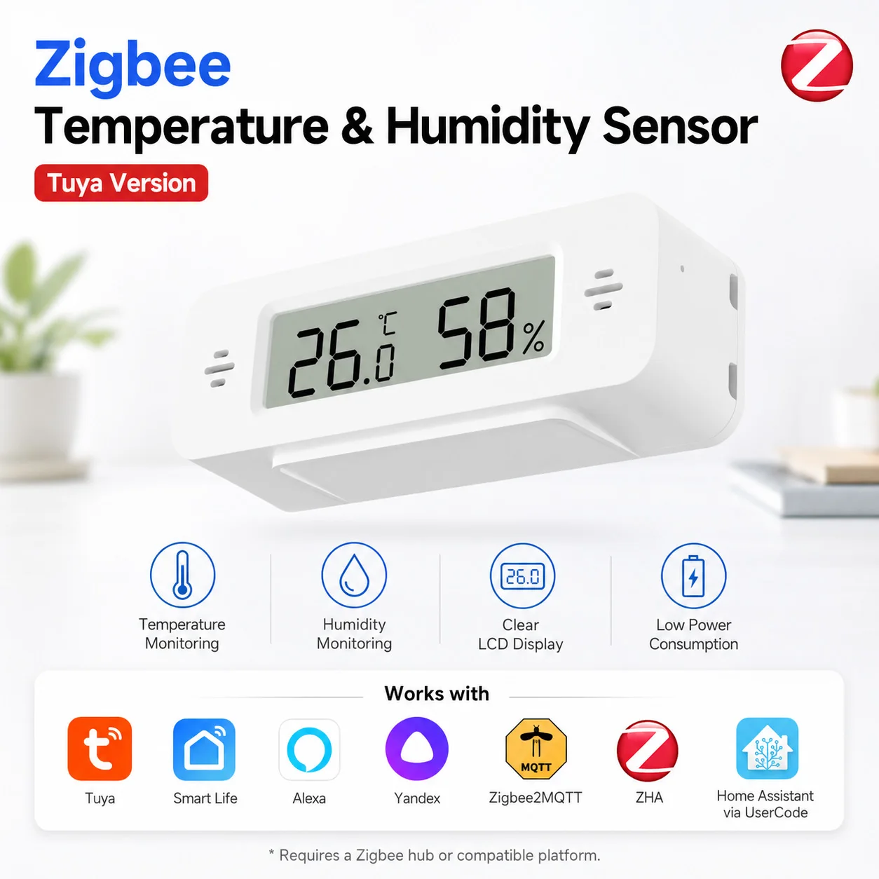 Tuya Zigbee Temperature Humidity For Smart Home Thermometer APP Remote Control Work with Zigbee2MQTT ZHA Alexa SmartLife