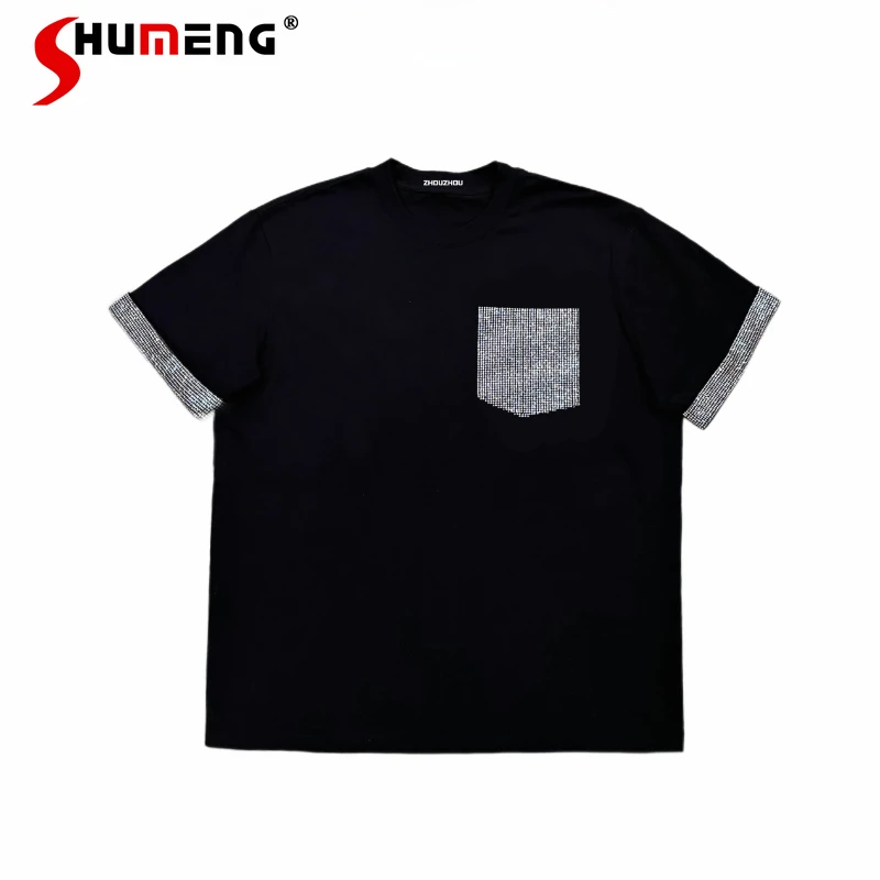 

Fashion Tees Male 2025 Summer New High-End Trendy Loose Comfort Tops Stylish Rhinestones Pocket Short Sleeve Round Neck T-Shirts