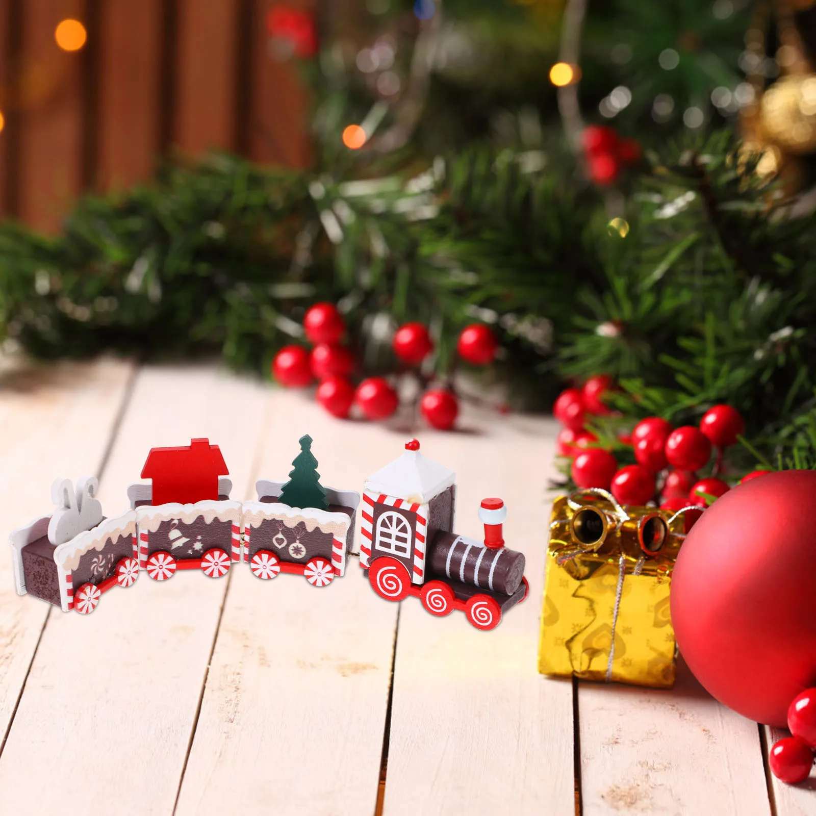 Xmas Desktop Train Ornament Christmas Wooden Train Decoration Table Festival Centerpiece Xmas Table Decoration Christmas Supply