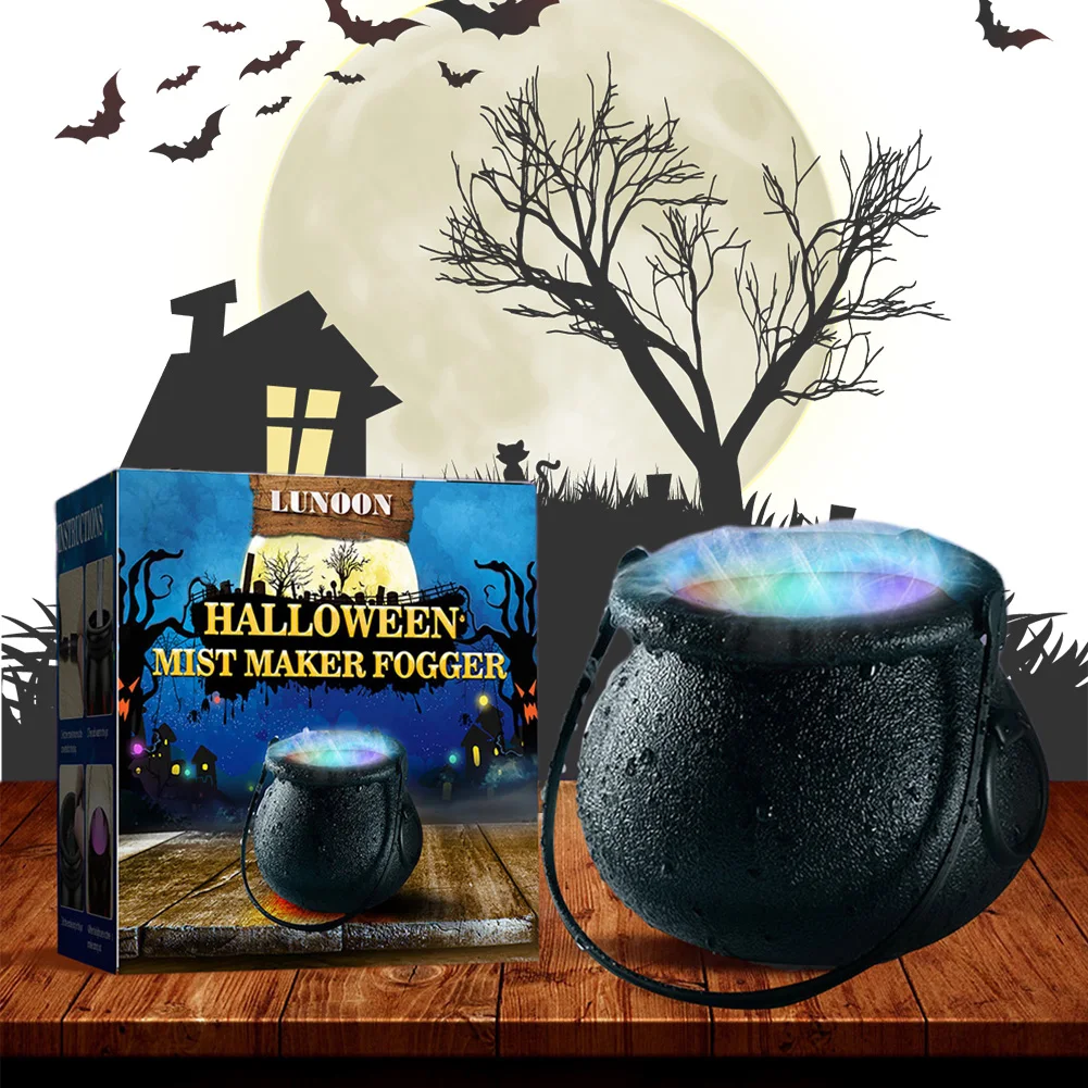 Halloween Witch Pot Cauldron Mist Maker Fogger Water Fountain 6 Color Changing Smoke Fog Machine for Halloween Party Decoration