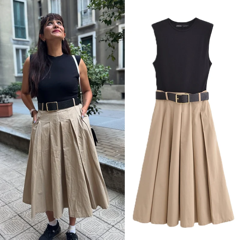 Vestido holgado plisado de retales de color caqui para mujer, vestido largo sin mangas con cuello redondo, vestido informal elegante para uso diario en la oficina para verano 2025