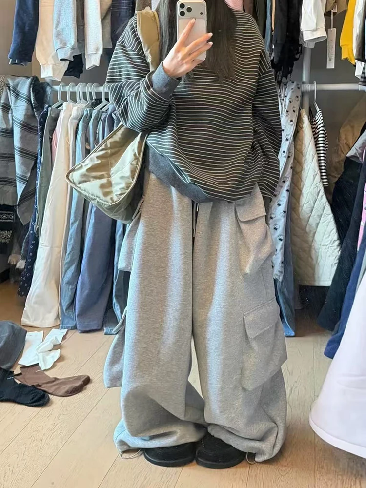 

Зимние толстые розовые брюки-карго, женские уличные брюки Y2K, свободные теплые широкие брюки с большими карманами, прямые брюки большого размера с высокой талией