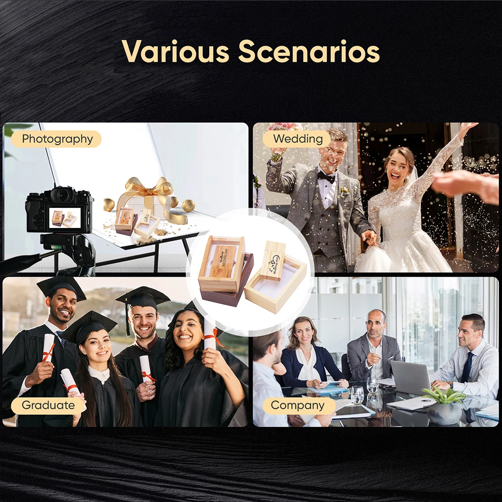 ใหม่ไม้ USB Flash Drive 128GB ฟรีโลโก้ที่กําหนดเอง Memory Stick 64GB ฝาปิดโปร่งใสกล่อง Pendrive 32GB การถ่ายภาพงานแต่งงานของขวัญ