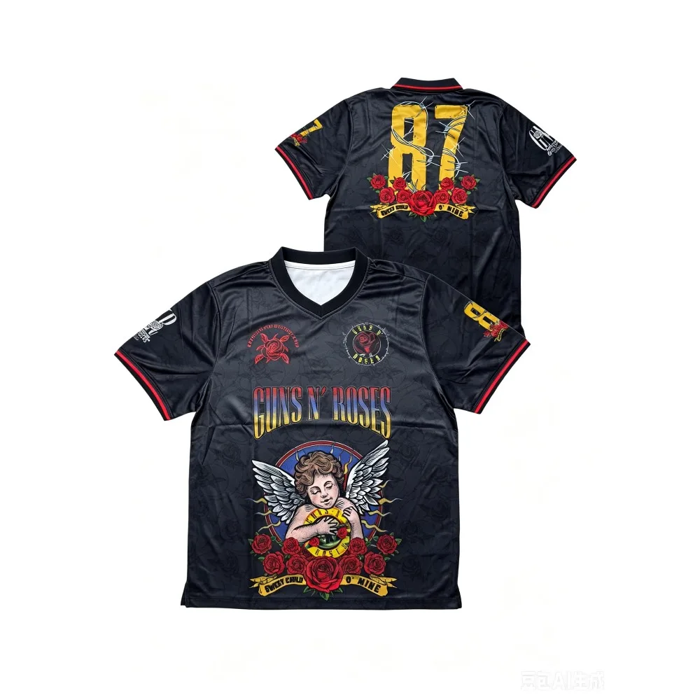 Summer Guns N Roses T-shirt Angel Rose Print Jersey Men's Casual Fashion Rock Tee Shirt Breathable Men Women Short Sleeves Top