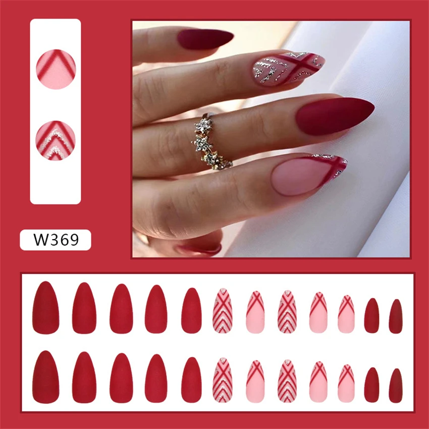 24Pcs/Set Red Almond Fake Nail Tips Glitter Artificial Acrylic Long Press on Nails European Style Stick on Nails Wearing Nails