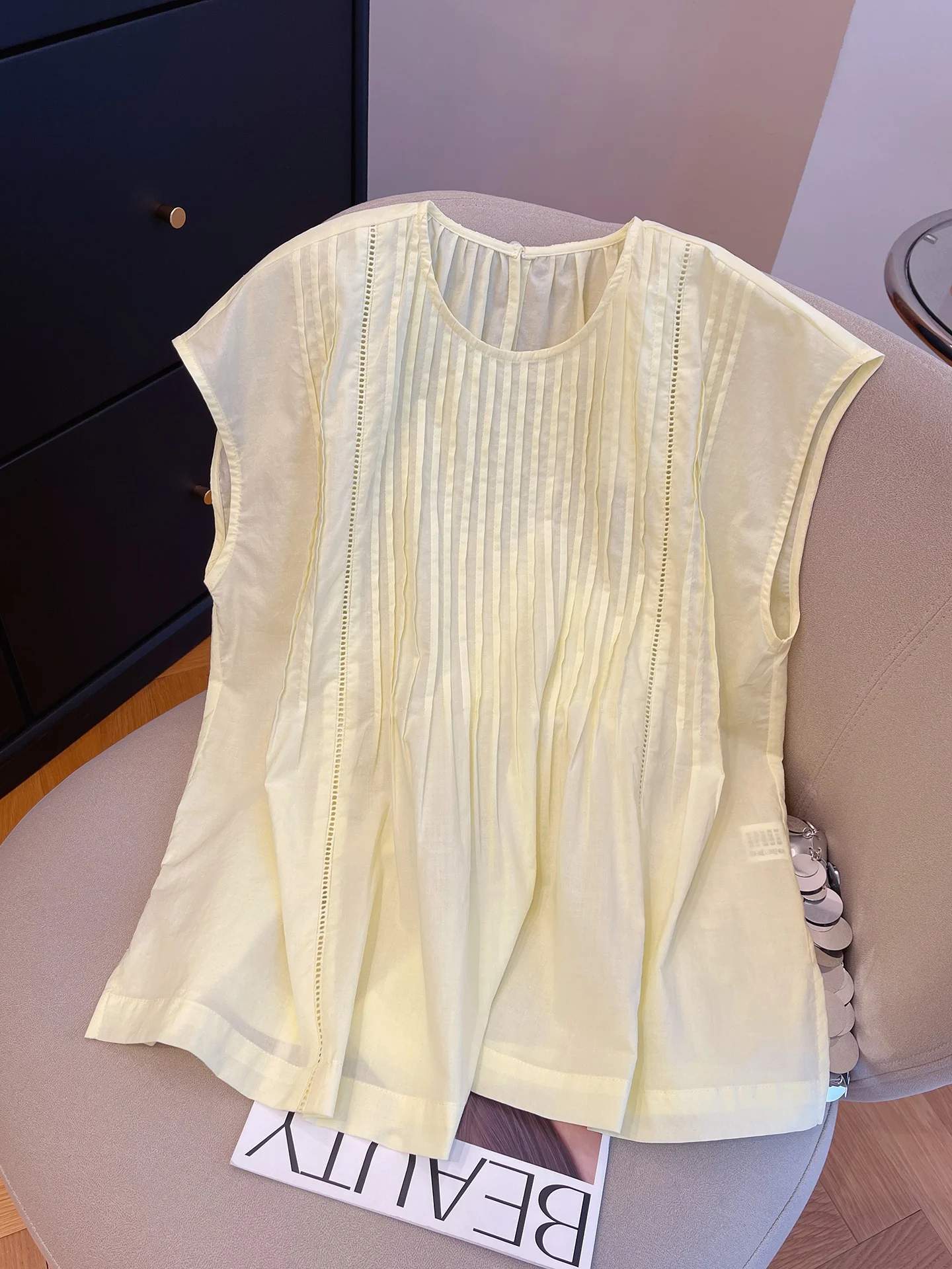 

Korean Sle Pleated Pure Cotton round Ne Svel Vest Women Summer 2025 Color Slimming Loose Casual Simple Top