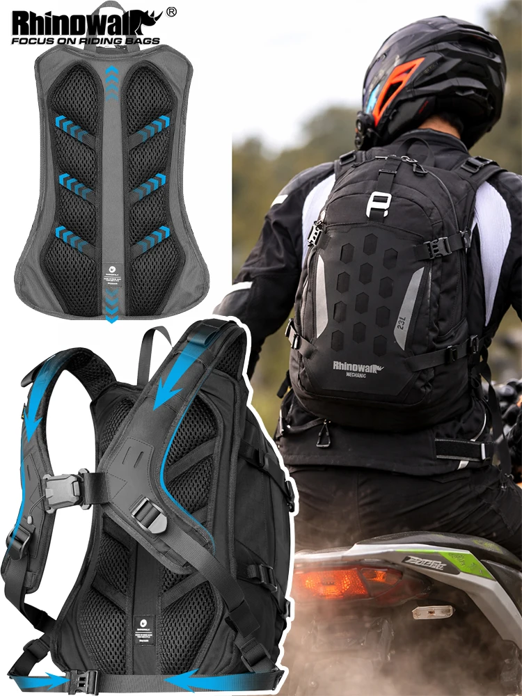 

Rhinowalk Motorcycle Riding Backpack 23L Magnetic Quick Release Hydration Pack with Rain Cover Helmet Mount Breathable Back