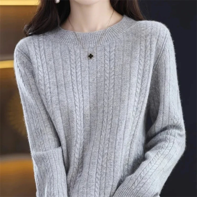 Women's Pure Wool Cashmere Sweater O-Neck Pullover Knitted Casual Sweater Winter New Long-Sleeved Warm High-Grade Jumper