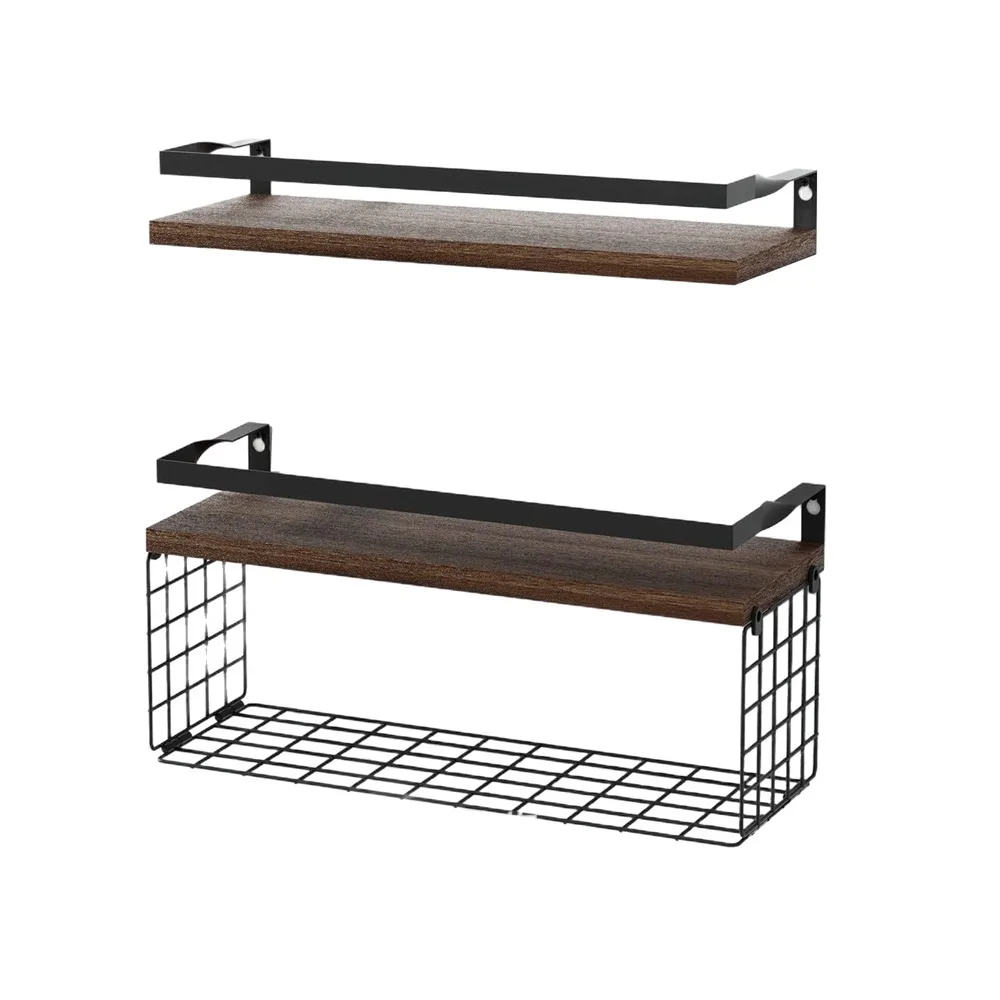 

Wooden+Metal Bathroom Wall Mounted Shelf Strong Load-bearing Capacity With Storage Basket Floating Hanging Rack Multifunction