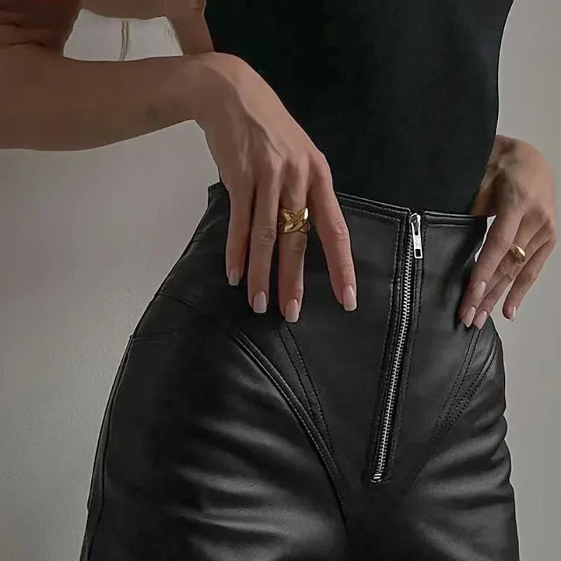 High Waist Front Zip PU Pants Women Sexy Stretch Matte Leather Trousers Party Ladies Slim Spliced Leather Pencil Pants Custom