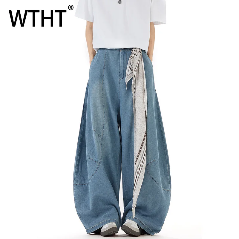 

WTHT Fashion Men's Gradient Ribbon Do Old Design Denim Pants Vintage High-waisted Loose Wide Leg Jeans Male 2025 Summer 2A1340