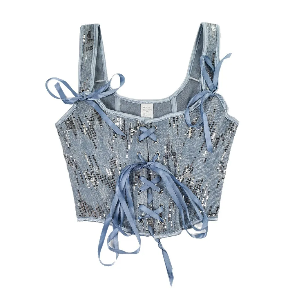 

Women's Sequin Strap Bustier Corset Bra for Outerwear No chest pad, Backless Ribbon Boning Cincher with Removable Garters