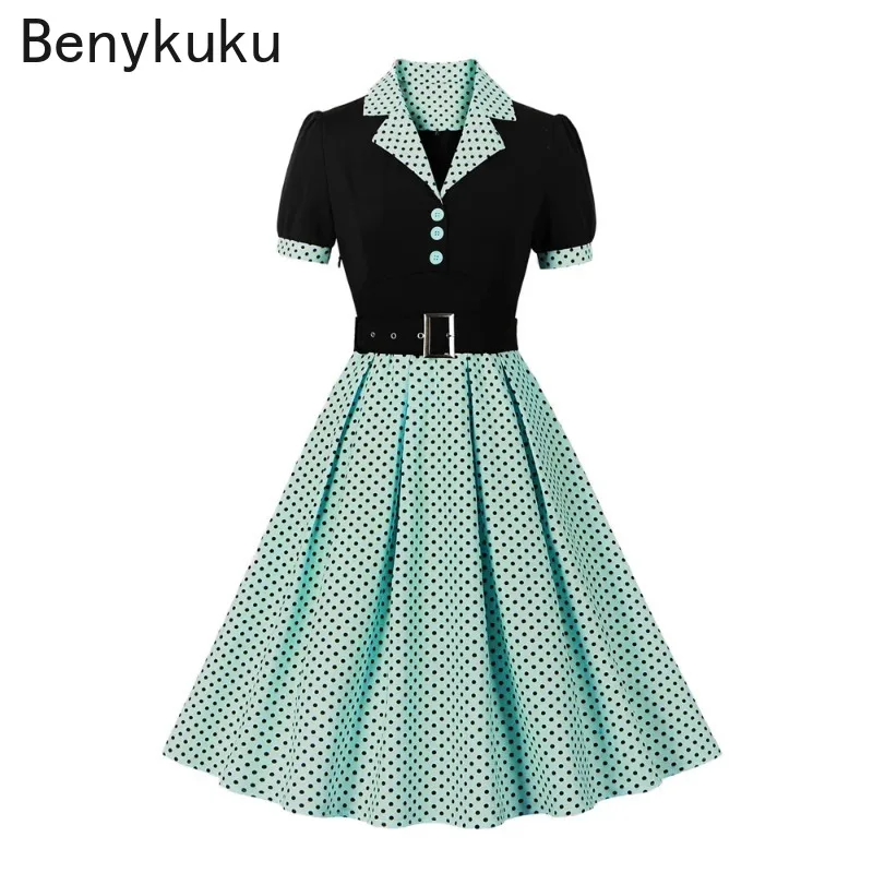 

Two Tone Patchwork Polka Dot Pleated Dresses 2025 Elegant Summer Women Notched Collar Short Sleeve Belted 40s 50s Vintage Dress