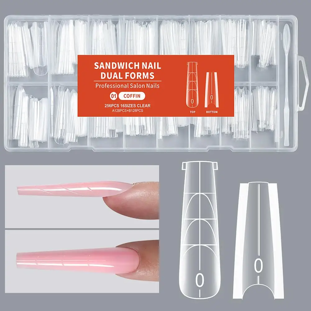 256Pieces Nail Sandwich Dual Form Nail Tips Quickly Building Gel Form Nail System Full Cover Tips Nail Extension Form