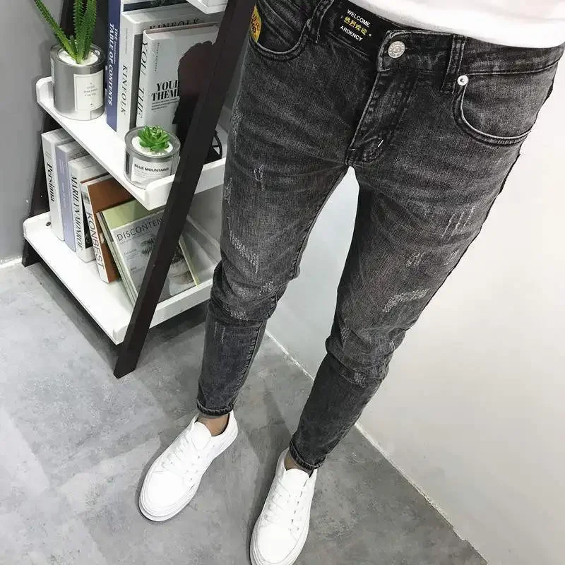

Trousers Slim Fit Cropped Male Cowboy Pants Skinny Jeans for Men Black Tight Pipe Winter Y 2k Vintage Autumn Clothing Spring Y2k