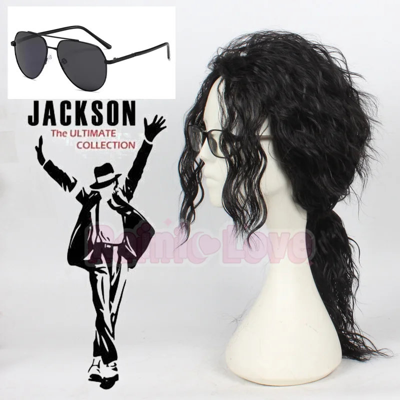Michael Jackson Cosplay Perücke Brille MJ Lange Schwarze Lockige Synthetische Perücke Haar-Kopfbedeckung Halloween Rollenspiel Perücken Zubehör Requisite