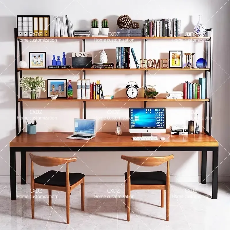 Solid Wood and Wrought Iron Integrated Desk with Bookshelf Double Computer Writing Table for Bedroom Study Room Wall Mounted