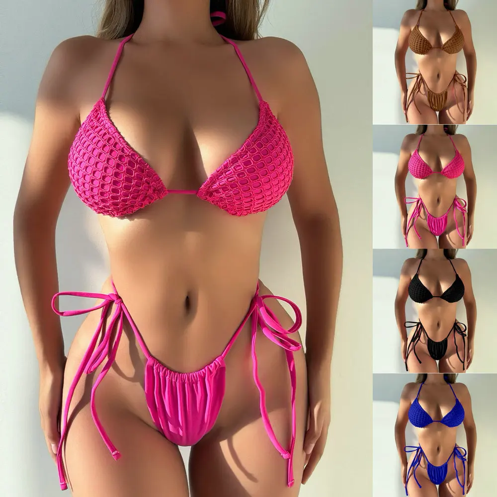 Mesh Bikini Frau Badeanzug Sexy Bademode Frauen Trend Krawatte Seite Tanga Bikinis Sets Halter Dreieck Schwimmen für Badeanzüge