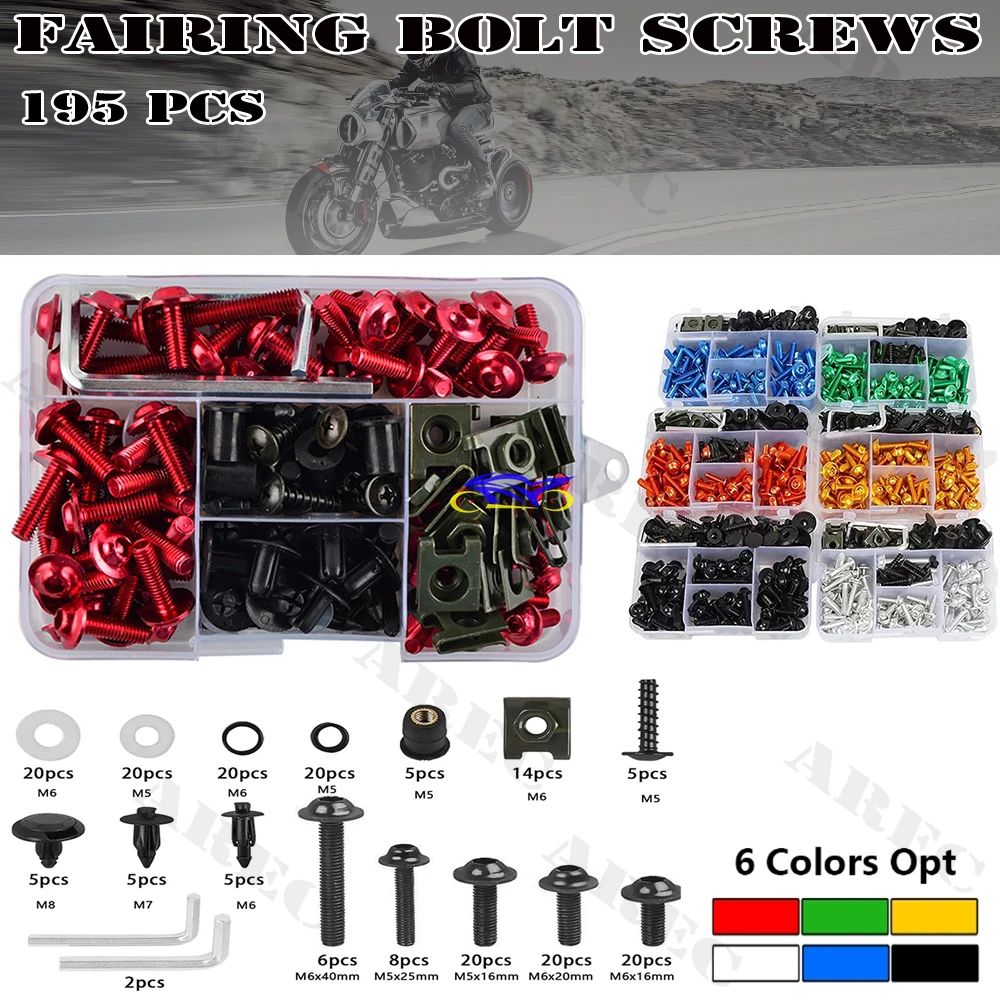 195Pcs Motorcycle Accessories Aluminum Fairing Bolts Screws Kit Nut Clips For Yamaha Bmw Ducati Aprilia Honda Kawasaki Suzuki