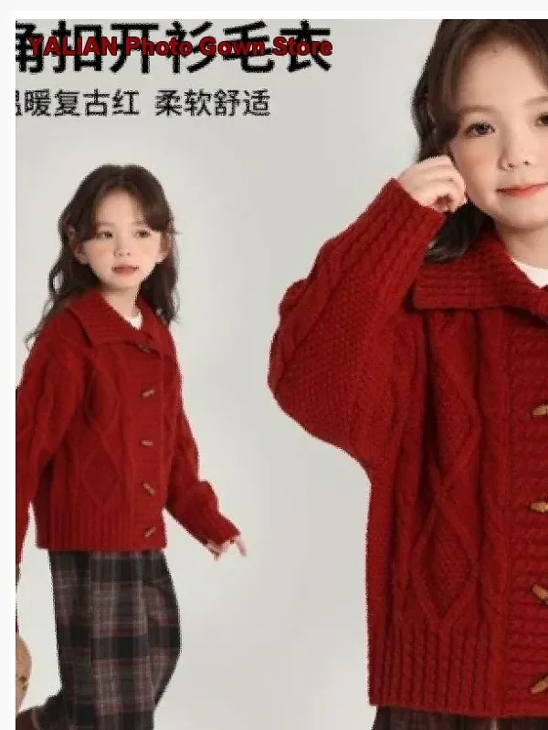 Girls Red Chinese New Year Cardigan Middle-Older Kids Autumn Winter Warm Knit Open Front Coat