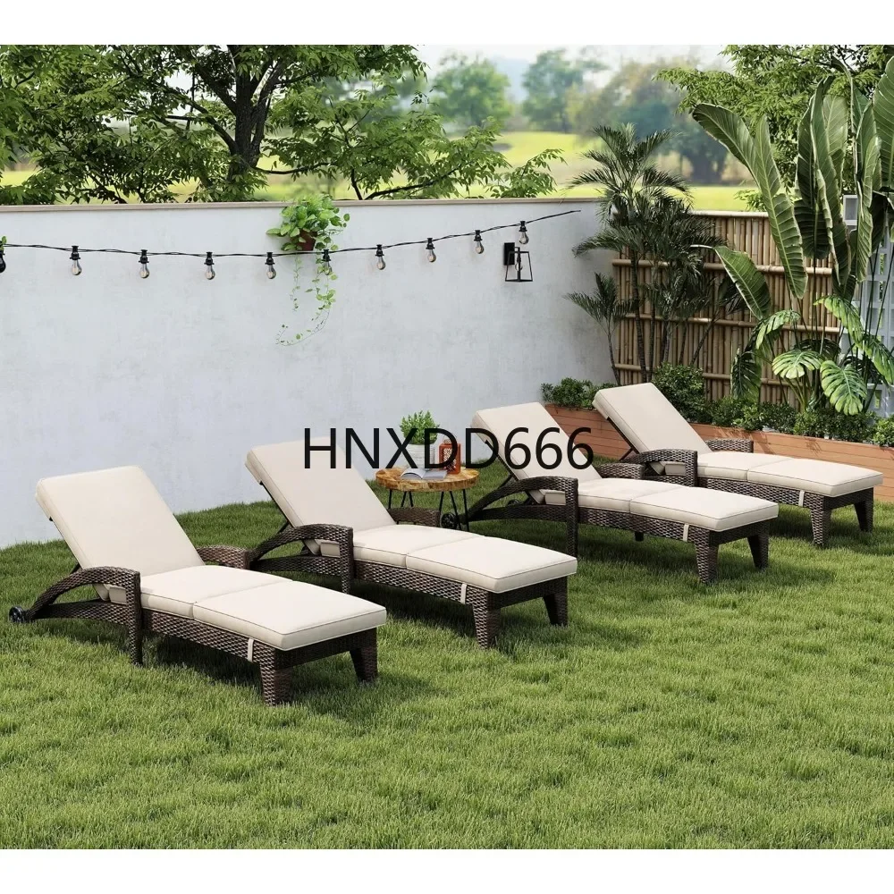 Chaise Lounge Chairs Set, Upholstered 5-Positions Adjustable Pool Loungers, Wicker Outdoor Lounge Chairs, Patio Chaise Lounges