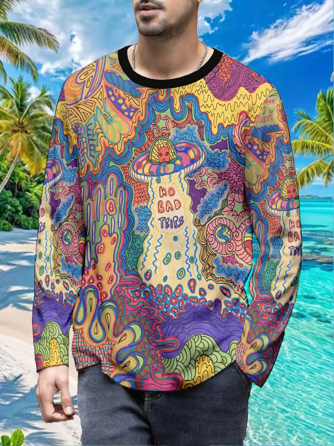 Art No Bad Trips Mens Polyester Long Sleeve T Shirt Alien Mushroom Groovy Print Graphic Tee Casual Streetwear Vibrant Hippie Sty