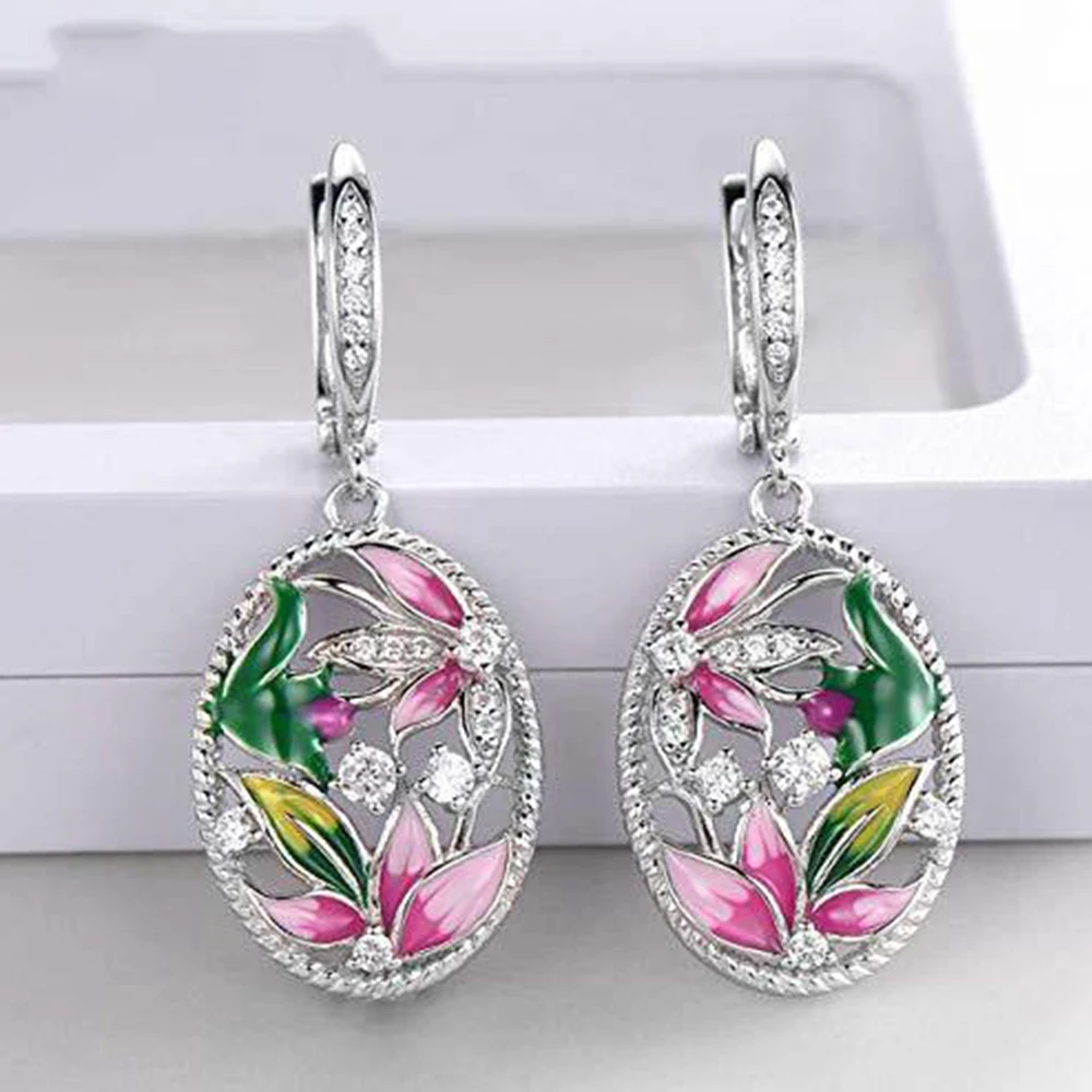 Huitan Creative Design Pink Flowers Enamel Earrings for Women Silver Color Luxury Crystal CZ Green Leaf Earrings Fashion Jewelry