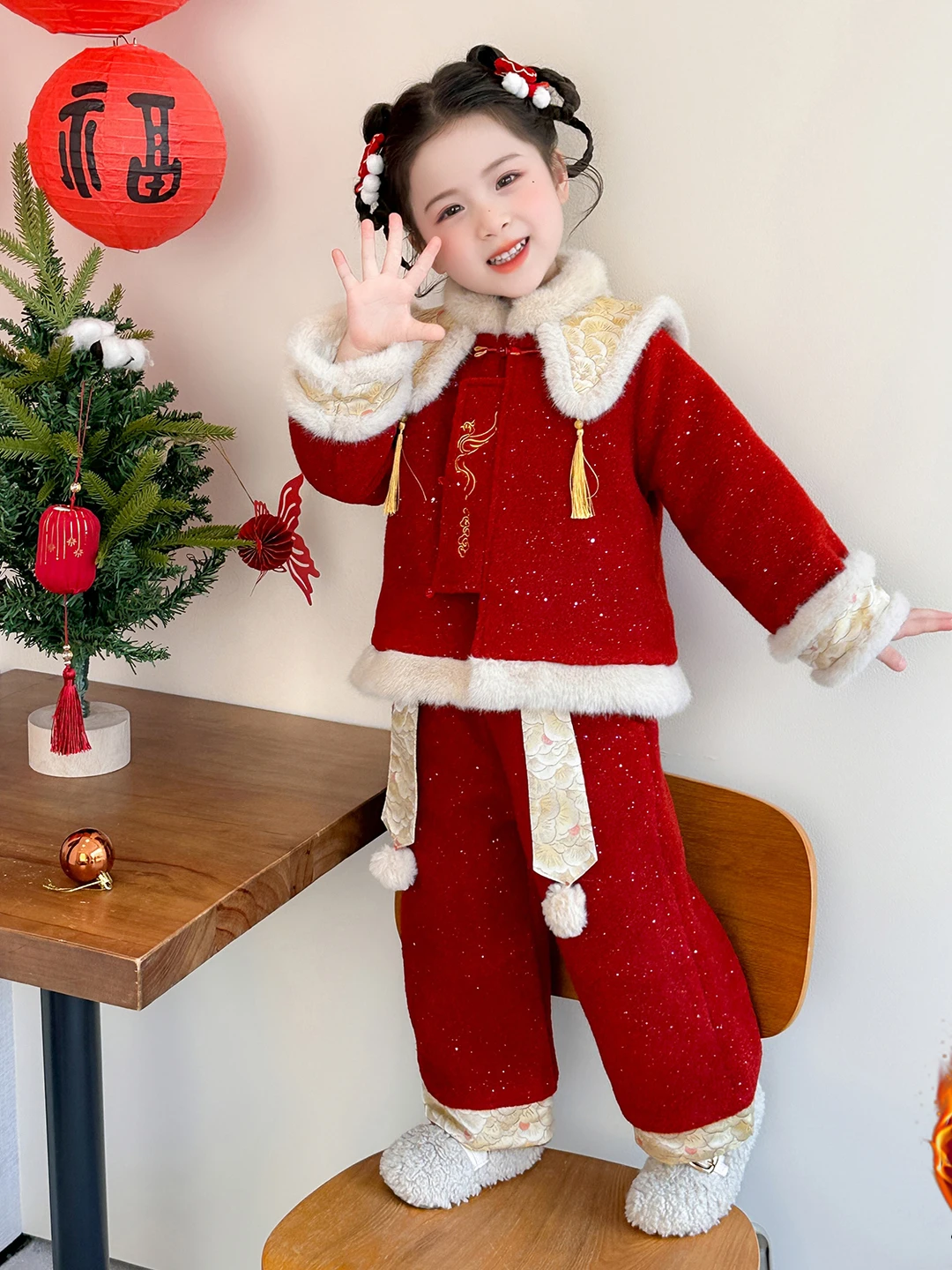 

Зимнее новогоднее платье с хлопковой подкладкой для девочек, комплект теплого костюма из двух предметов, детский традиционный костюм Тан, ансамбль