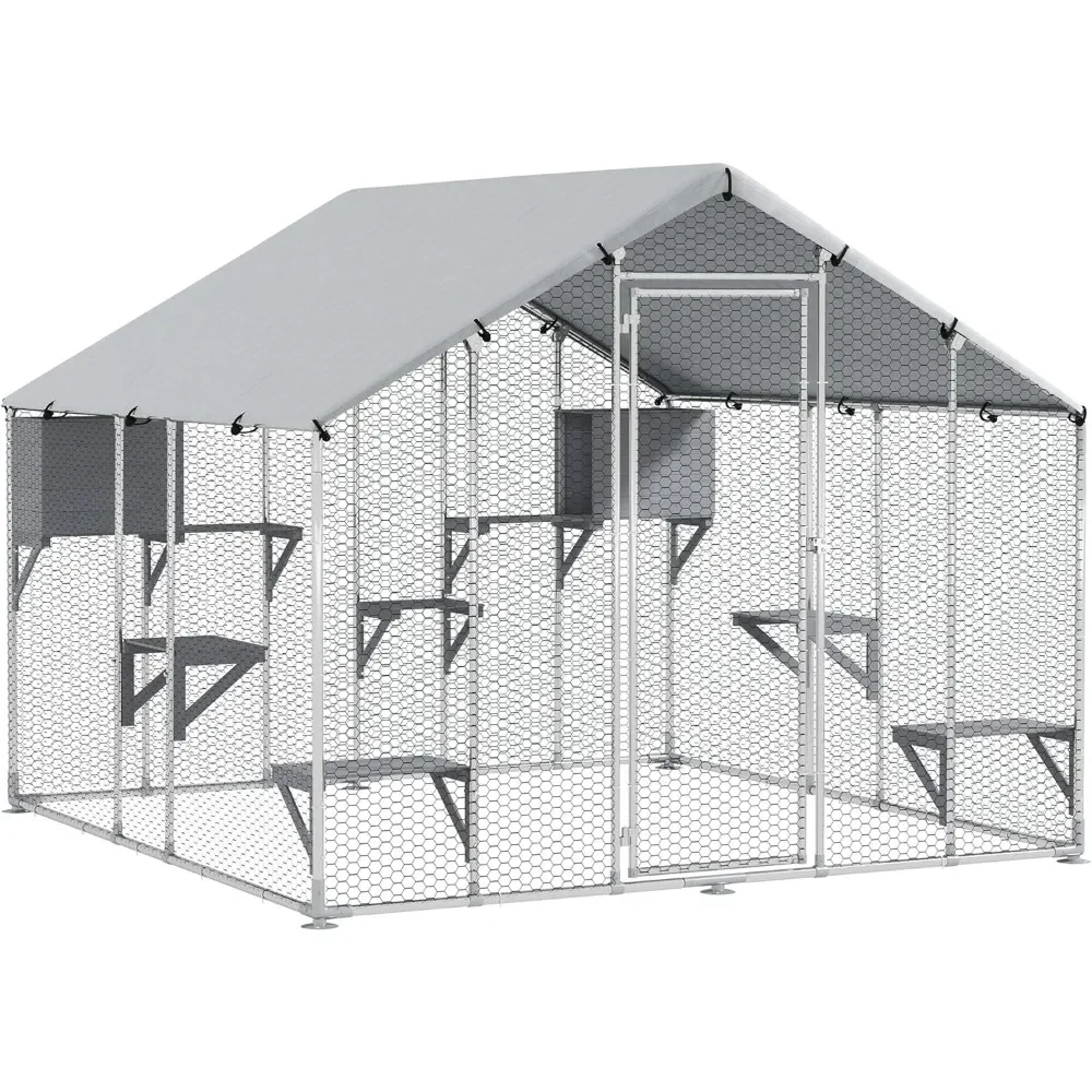 

Catio Outdoor Cat Enclosure, 94.5" Extra Large Walk-in Cat House with Waterproof Cover, 2 Resting Boxes, 7 Jumping Platforms, C