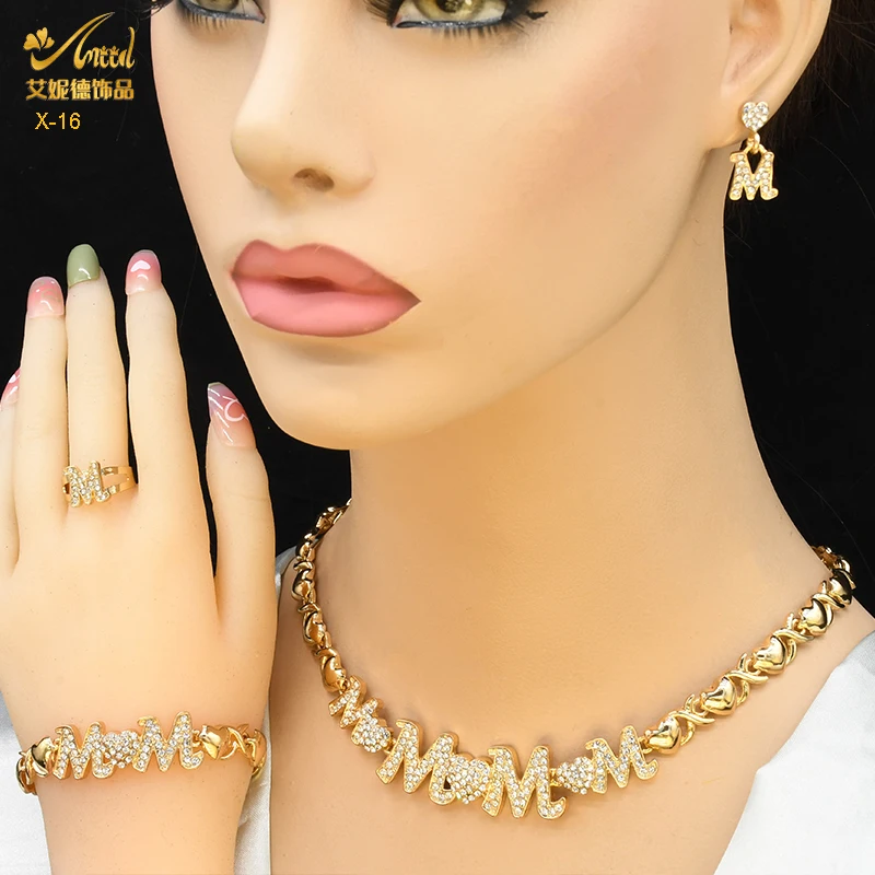 XUHUANG XOXO Women Necklace Set 18K Gold Color Bride M&M Crystal Wedding Necklace Earrings Bracelet Ring Jewelry Set Party Gift