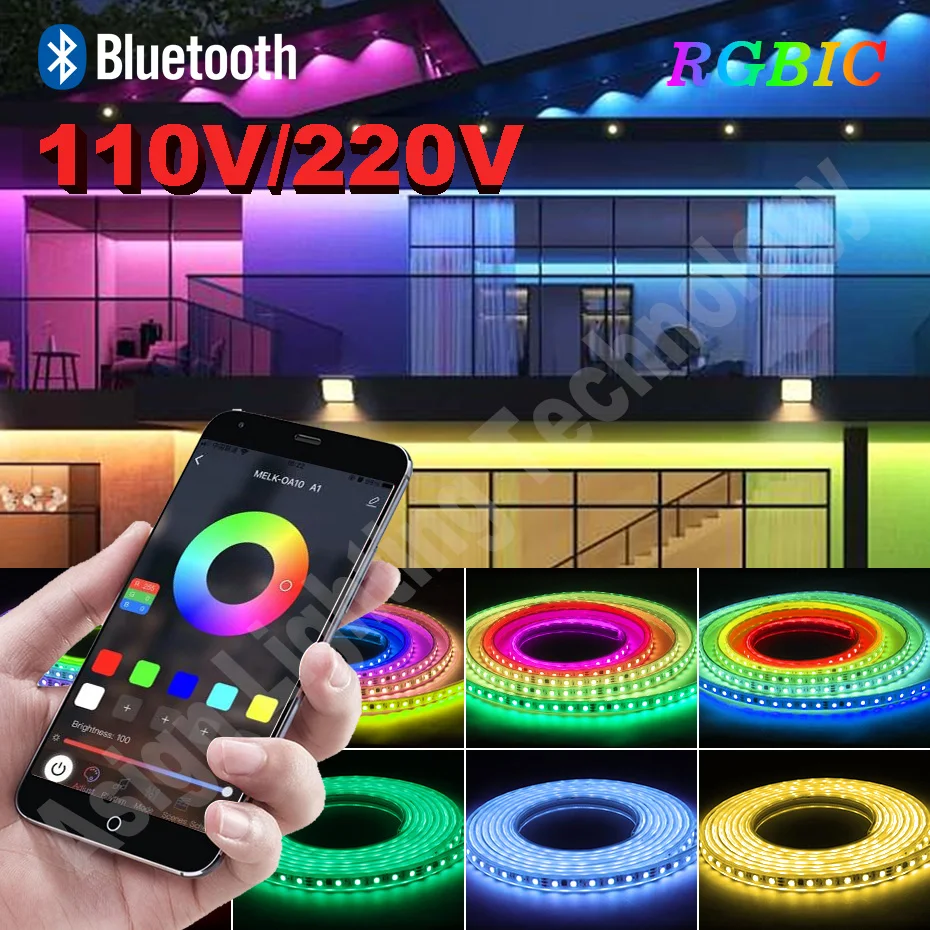 

AC110V 220V Multiple Colors RGBIC Led Strip Light 1m-50m Smart Bluetooth Control Waterproof IP67 RGB Dimmable Flexible LED Tape