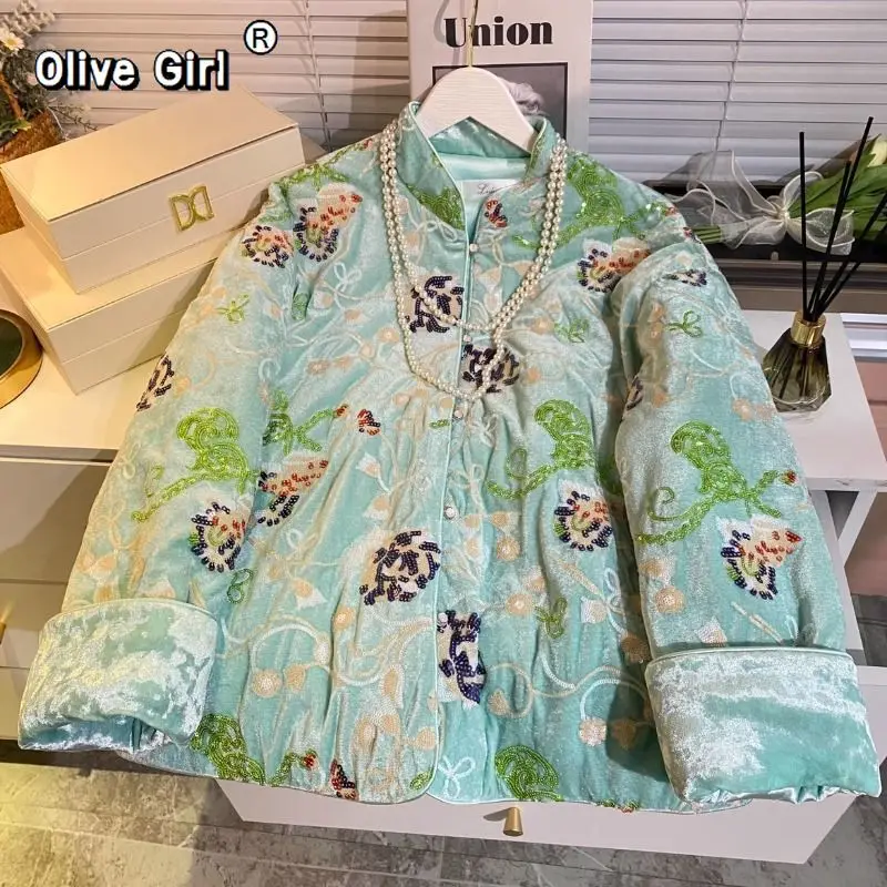 

Winter Cotton Jacket Thin Coat Luxury Women's Outwear Top Retro Embroidery Velvet Sequin High-end Women's Clothing