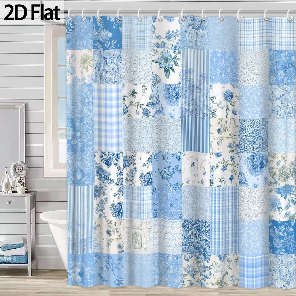 Waterproof Blue Floral Patchwork Shower Curtain Quilt Style Bathroom Decor Curtain 180x180cm Cottage Chic Shower Screen