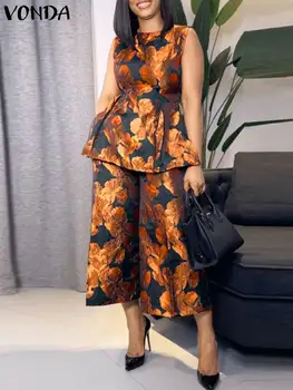 VONDA Übergroße Hose Sets 2024 Sommer Frauen 2 stücke Vintage Gedruckt Ärmellose Tops und Elastische Taille Breite Bein Hosen Casual sets