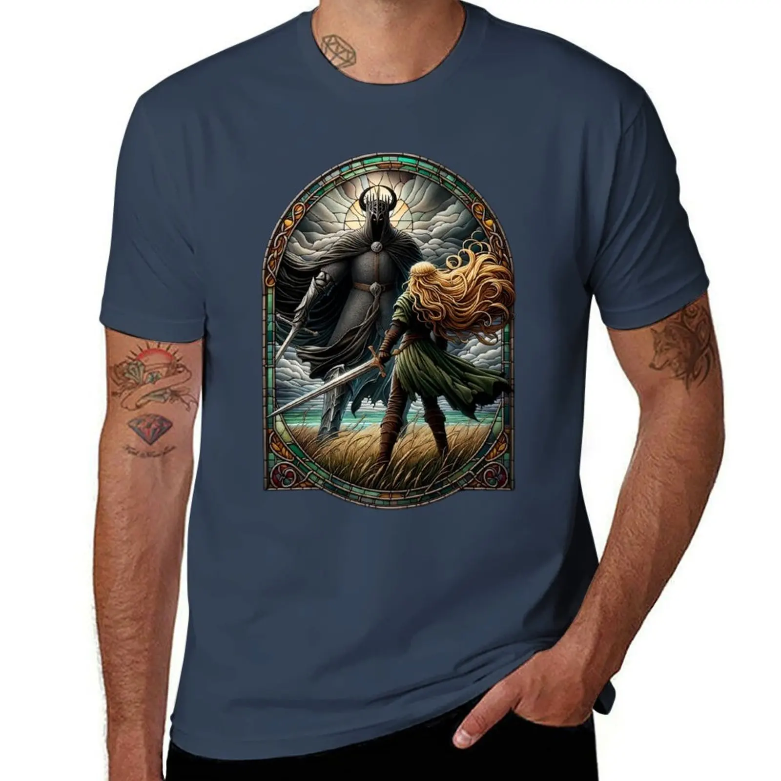 

Fierce A Fantasy Glass Epic Duel Stained a Maiden and Wraith Dark - in - T-Shirt Stretch Fabric Comfort T-Shirt