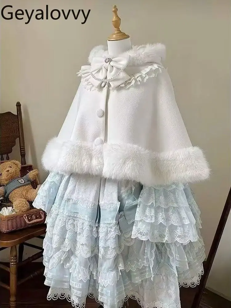 

Autumn Winter Lolita Girl Fluffy Cute Sweet Cat Ear Hooded Short Cape Coat Versatile Thickened Warm Cloak Jacket Ponchos